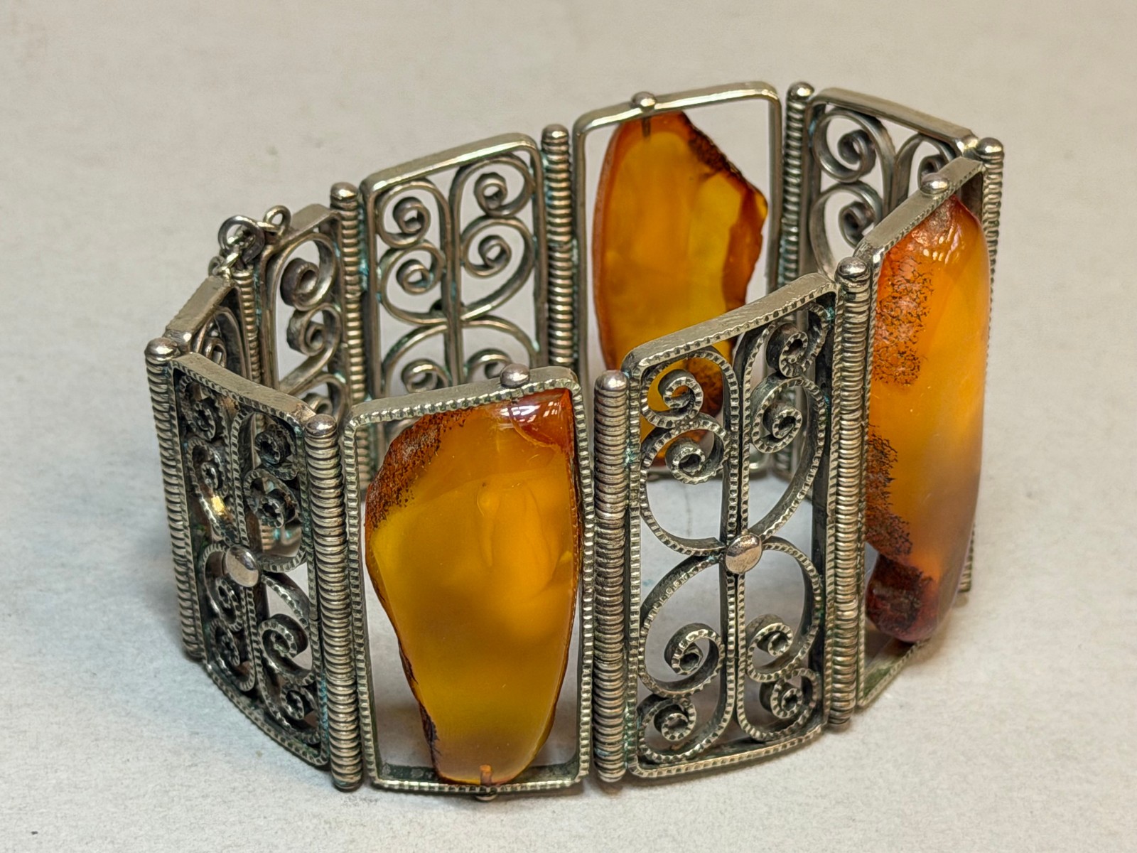 Vintage Soviet USSR Filigree Melchior Panel Bracelet Baltic Amber Honey Cognac