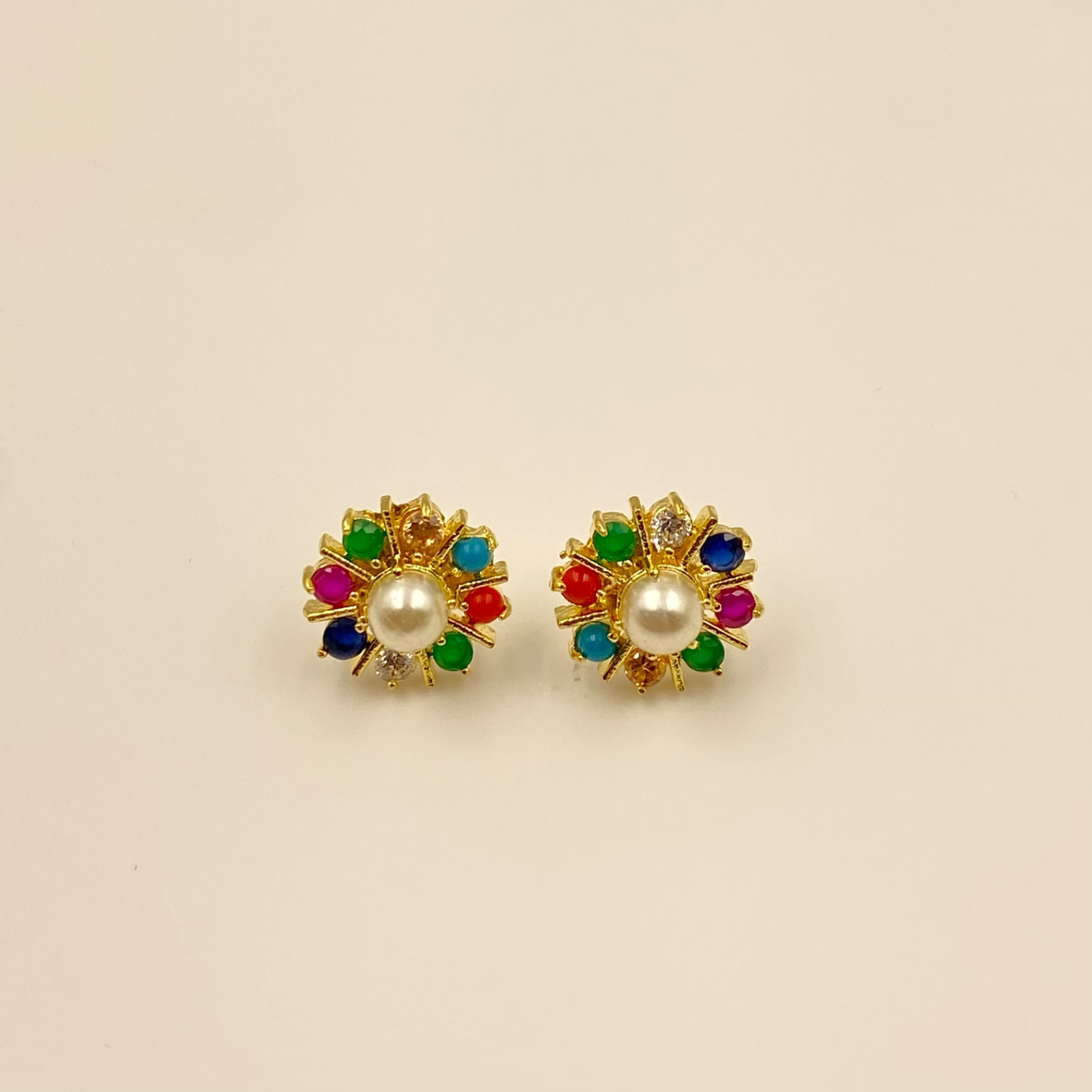 Handmade Turquoise, Coral & Pearl Gem Stud Earrings Set | Gold Plated Jewelry