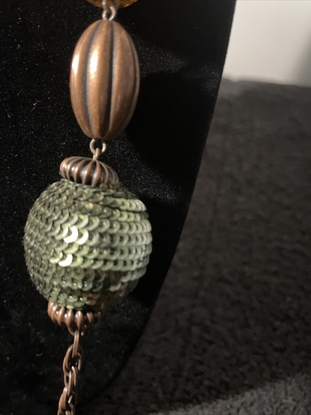 VTG Chunky Statement Beaded & Mixed Mesh Green Gold Honey Tan Sparkle Necklace