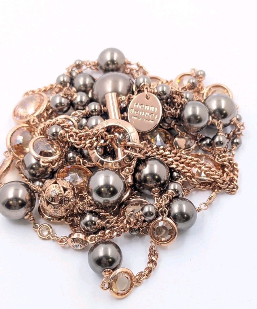 HENRI BENDEL Gold Rose Tone, Crysta & Faux Pearl Two Strand Long Necklace 40”