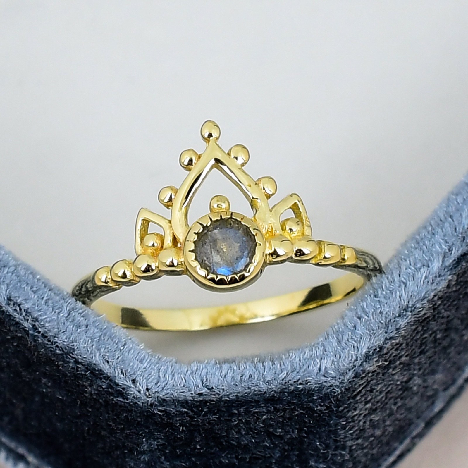 Labradorite Crown Ring 18K Gold Plated 4mm Round Gemstone Minimalist Ring