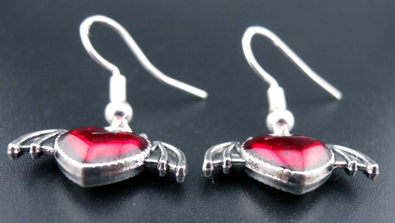 Blood Red Heart Earrings Sterling Silver Ear Wires Goth Bat Wings Devil Hearts