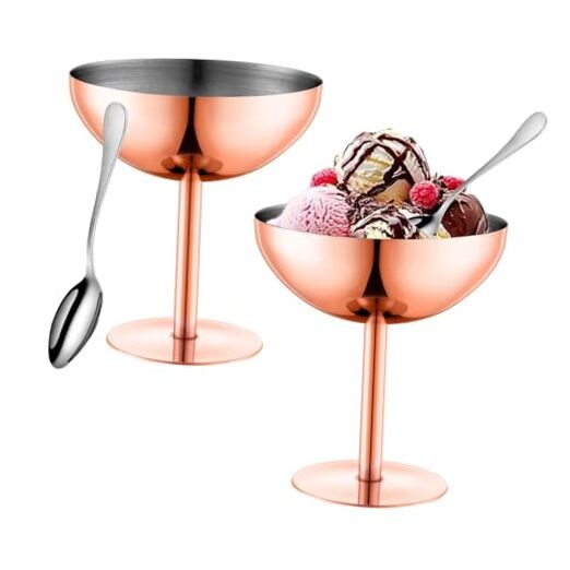 Ice Cream Cups Set of with Spoons, 5 oz Reusable Stainless Steel 2 Rose glod