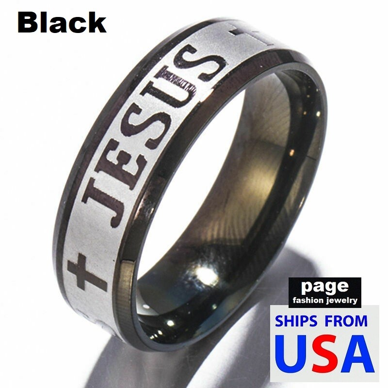 Etched JESUS Cross Silver/Gold/Black Comfort Fit Stainless Steel Ring Sz. 7-11.5