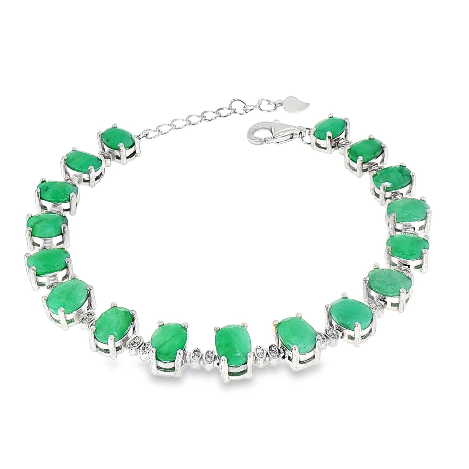 925 Sterling Silver Natural Emerald Bracelet Oval Top Rich Green 8.34Inch