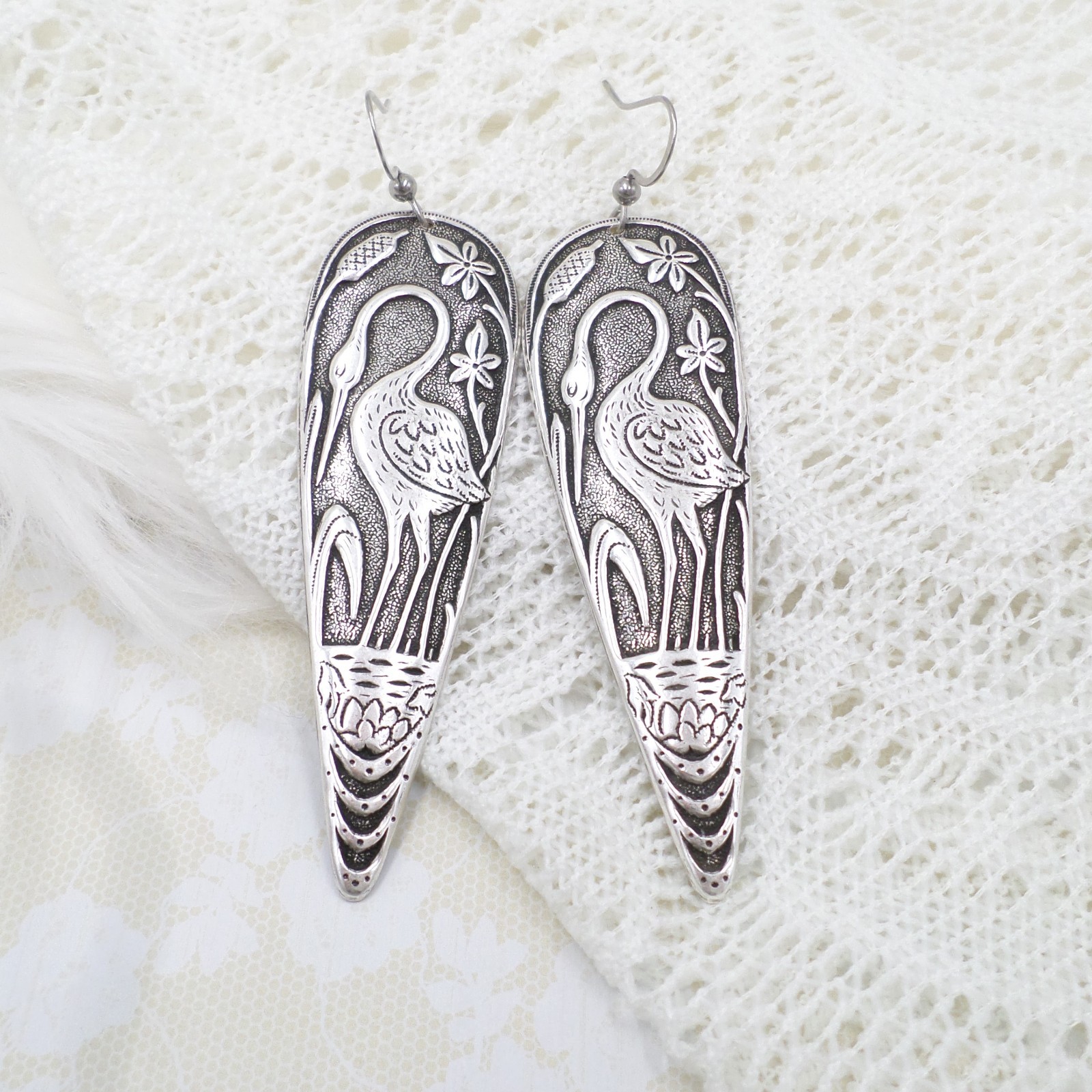 Antique Silver Plated Crane Statement Earrings, Heron Jewelry Gift For Women