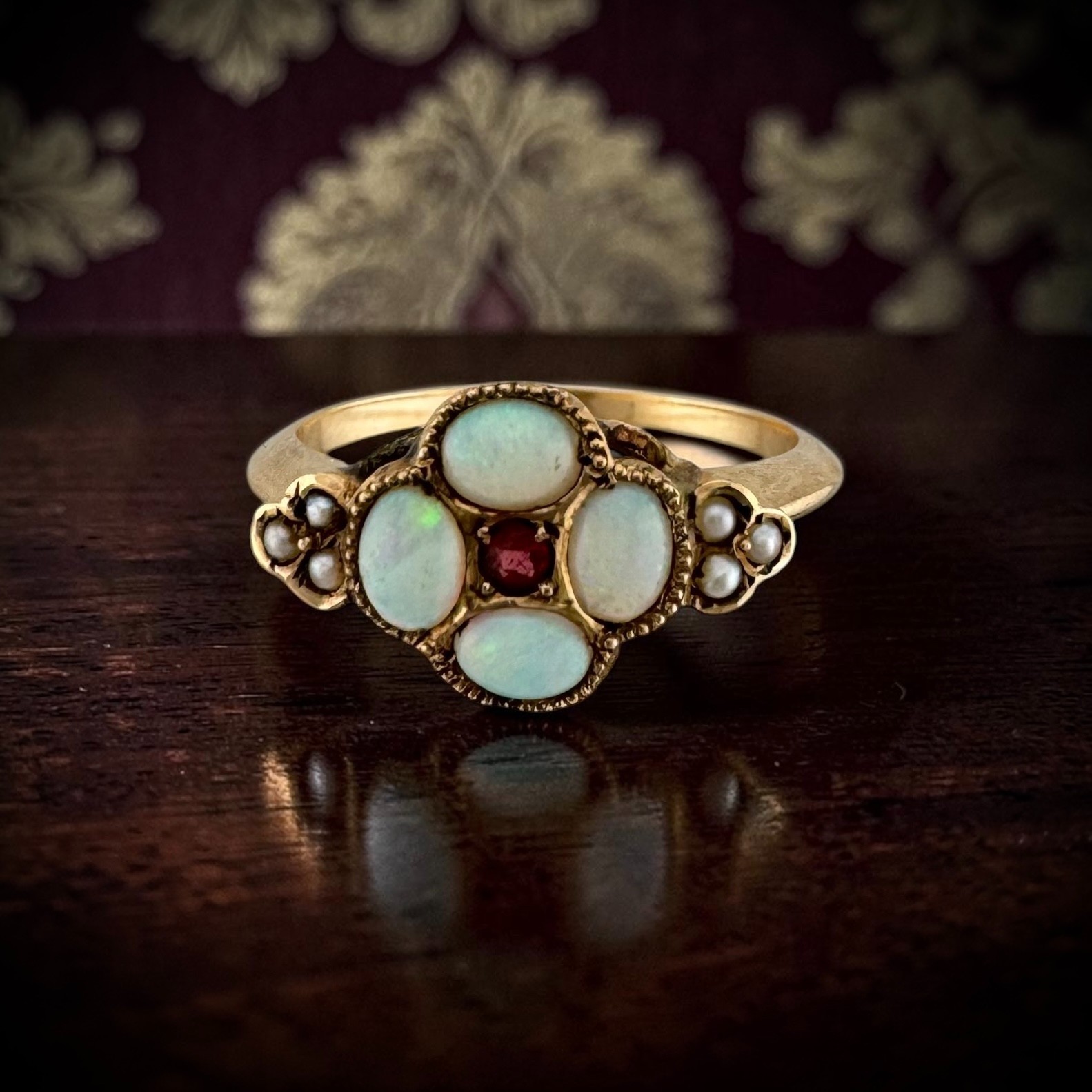 Antique Victorian 9K Yellow Gold Natural Opal & Seed Pearl Cluster Ring Size 5.5