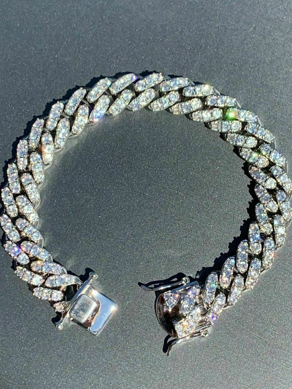 925 Silver Mens Miami Cuban Bracelet Real Iced Moissanite Passes Tester HEAVY
