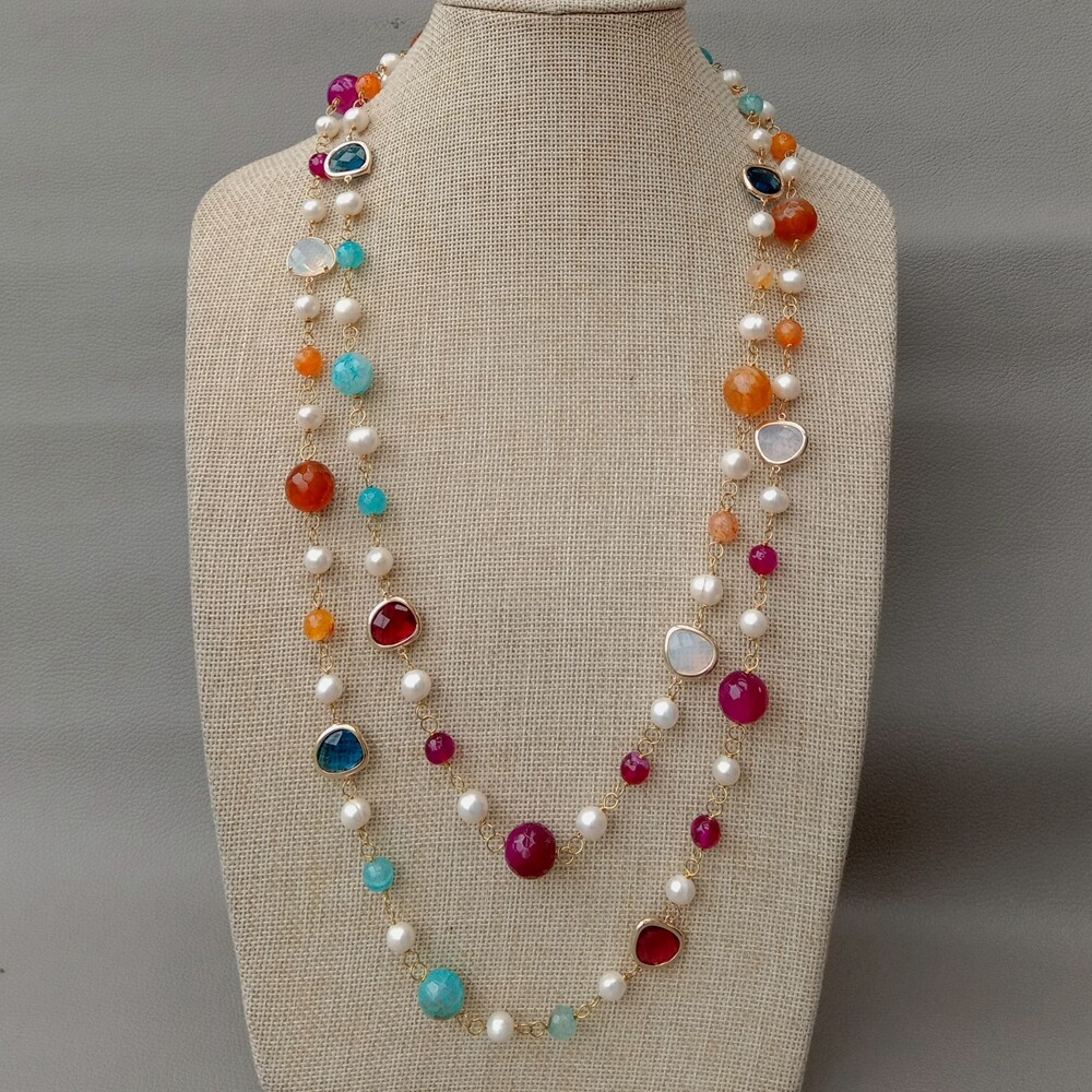 56″ Cultured White Pearl Multi Color Agate Crystal Long Necklace