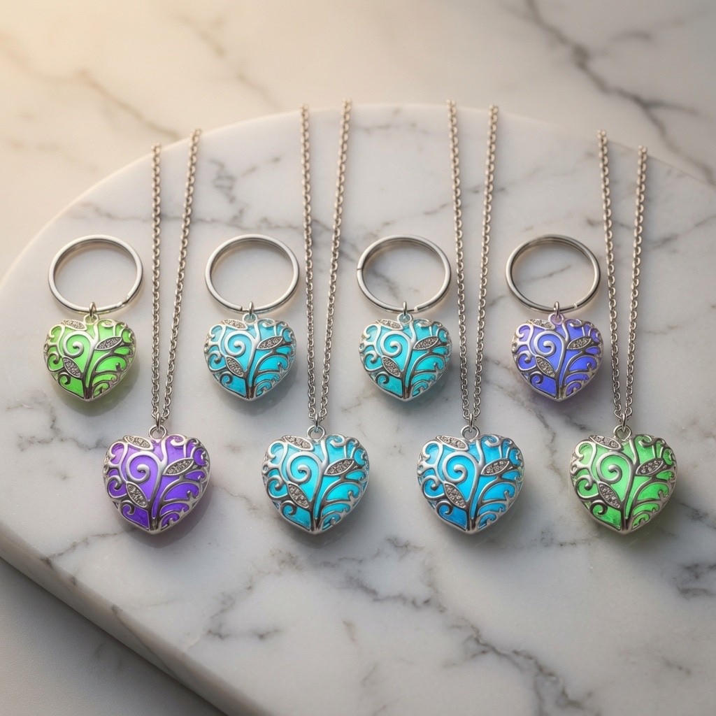 glowing heart necklace with matching key ring.
