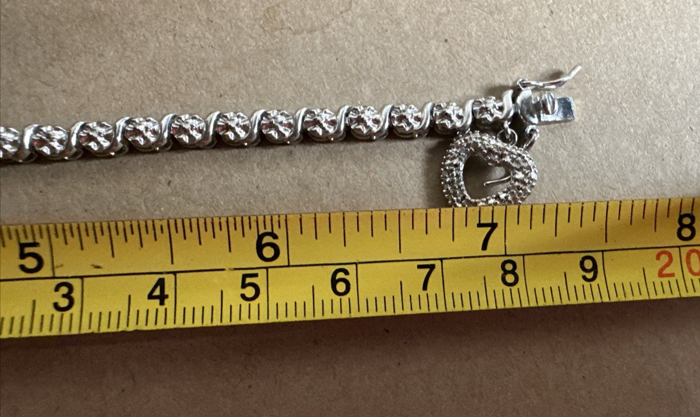 Marked 925 Platinum Over Silver Diamond Accent Tennis Bracelet w/ Heart Charm
