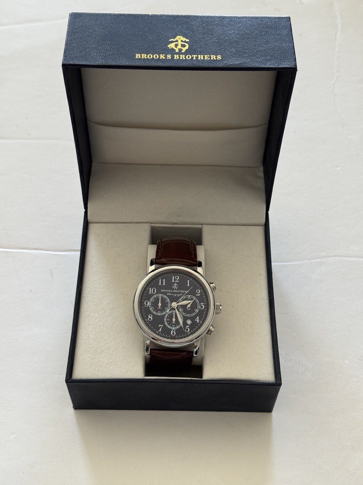 Brooks Brothers Men’s Navy Blue Bezel Watch with Brown Leather Strap and Case