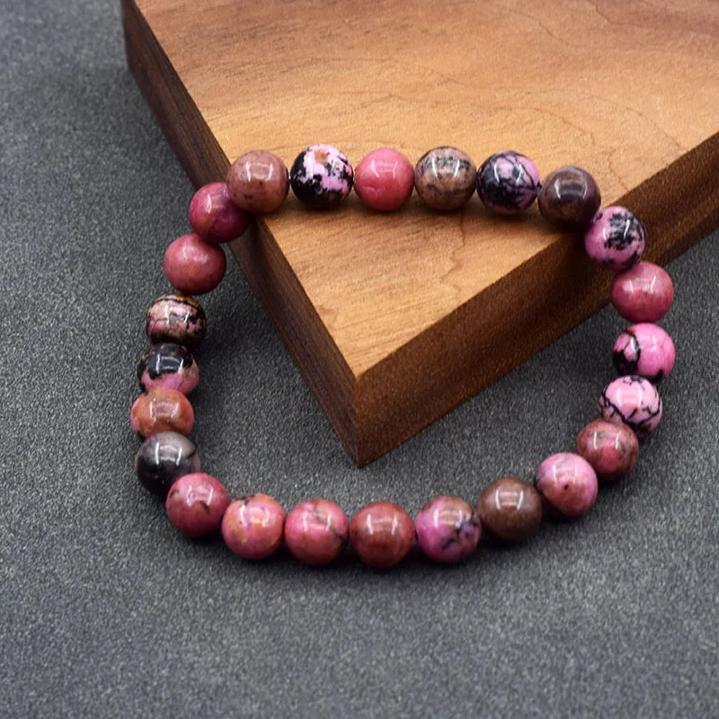 Rhodonite Stone Beaded Bracelet Women Natural Round Adjustable Layered Jewelry