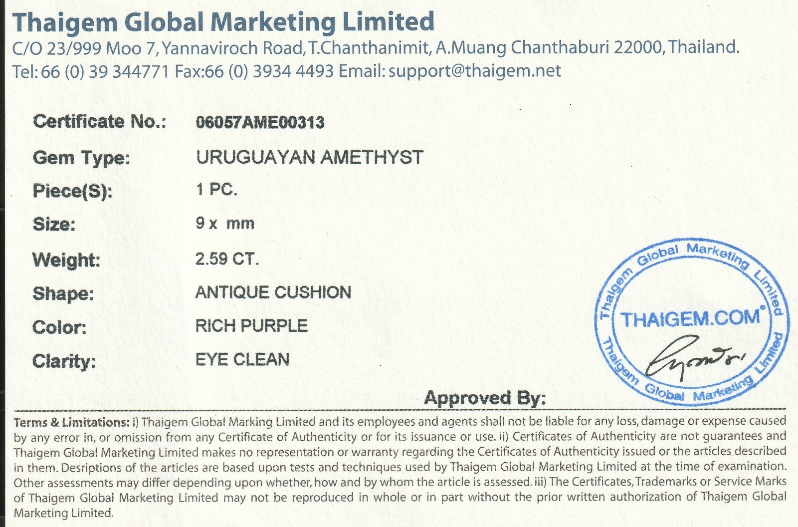 Rich Purple URUGUAYAN AMETHYST. Antique Cushion, Eye Clean. 9 mm, 6.26 Carats.