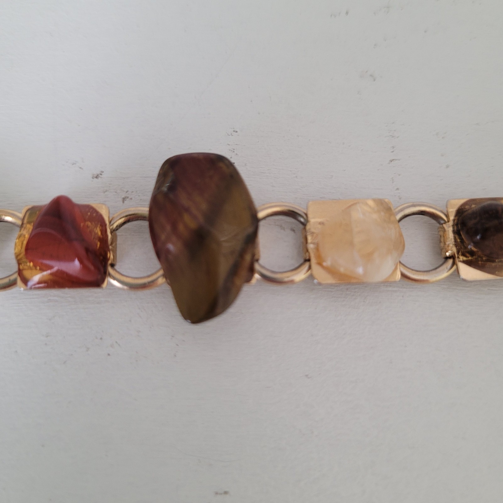 Vintage Gold-Tone Link Bracelet with Polished, Multi-Colored Natural Stones