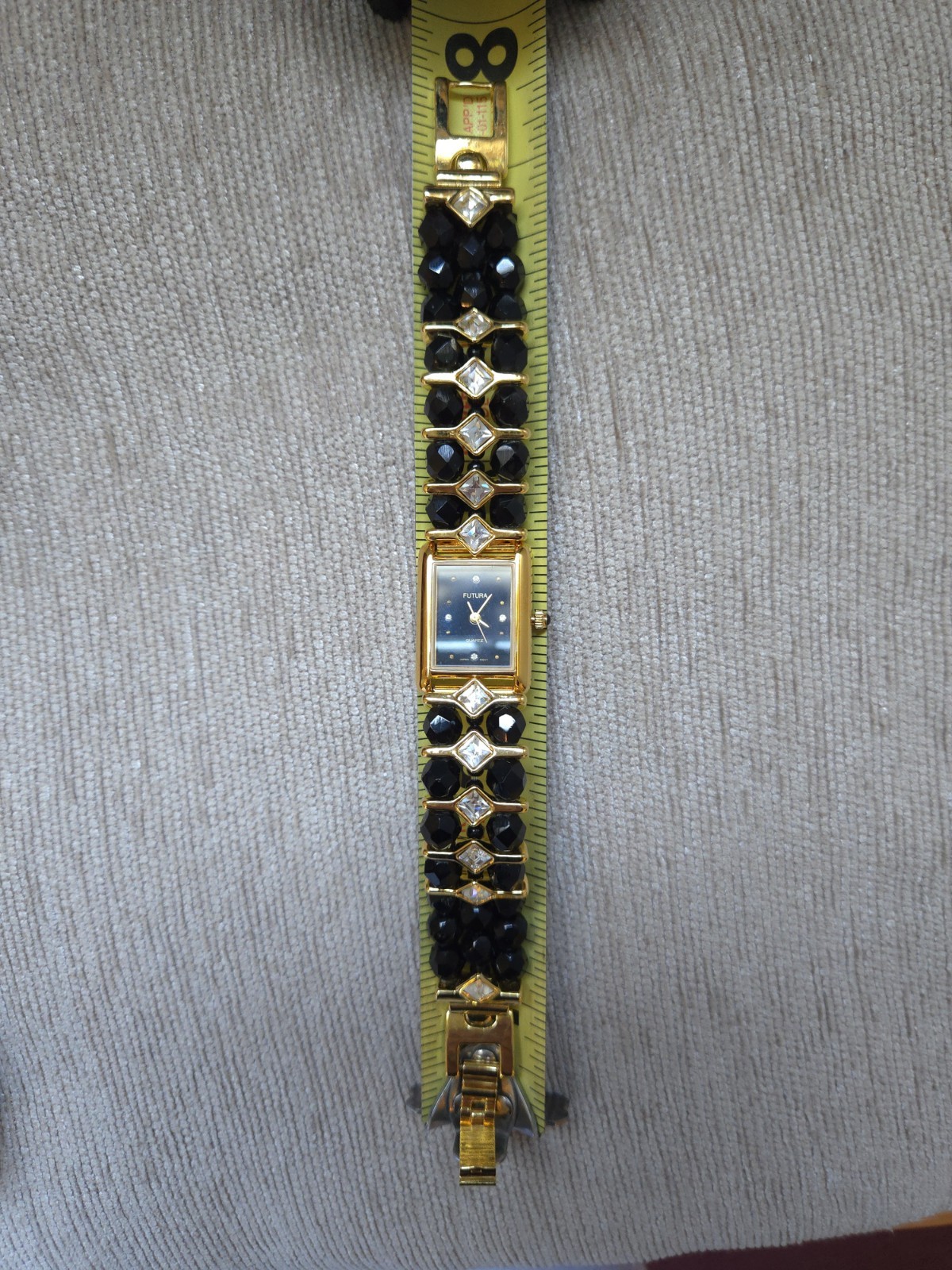 Vintage Futura 3780 Women’s Watch Black Beaded Rhinestone Quartz w/ Original Box