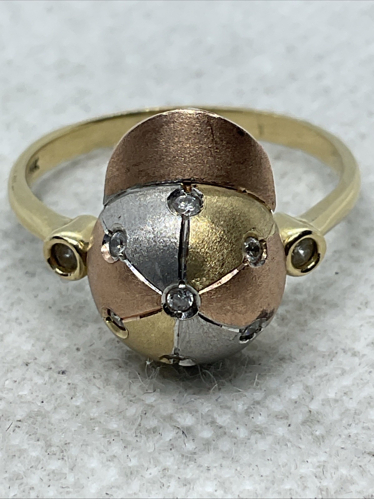 HANDMADE Solid 14K Tricolor Gold White CZ DOME Style ROTATING BASEBALL CAP Ring