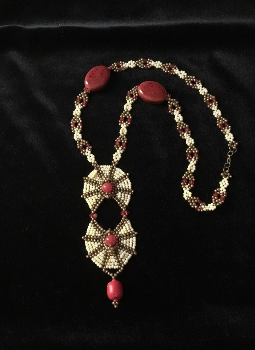 Unique Handcrafted Necklace Agate Stones Coral Bamboo Red Ethnic Long Pendant