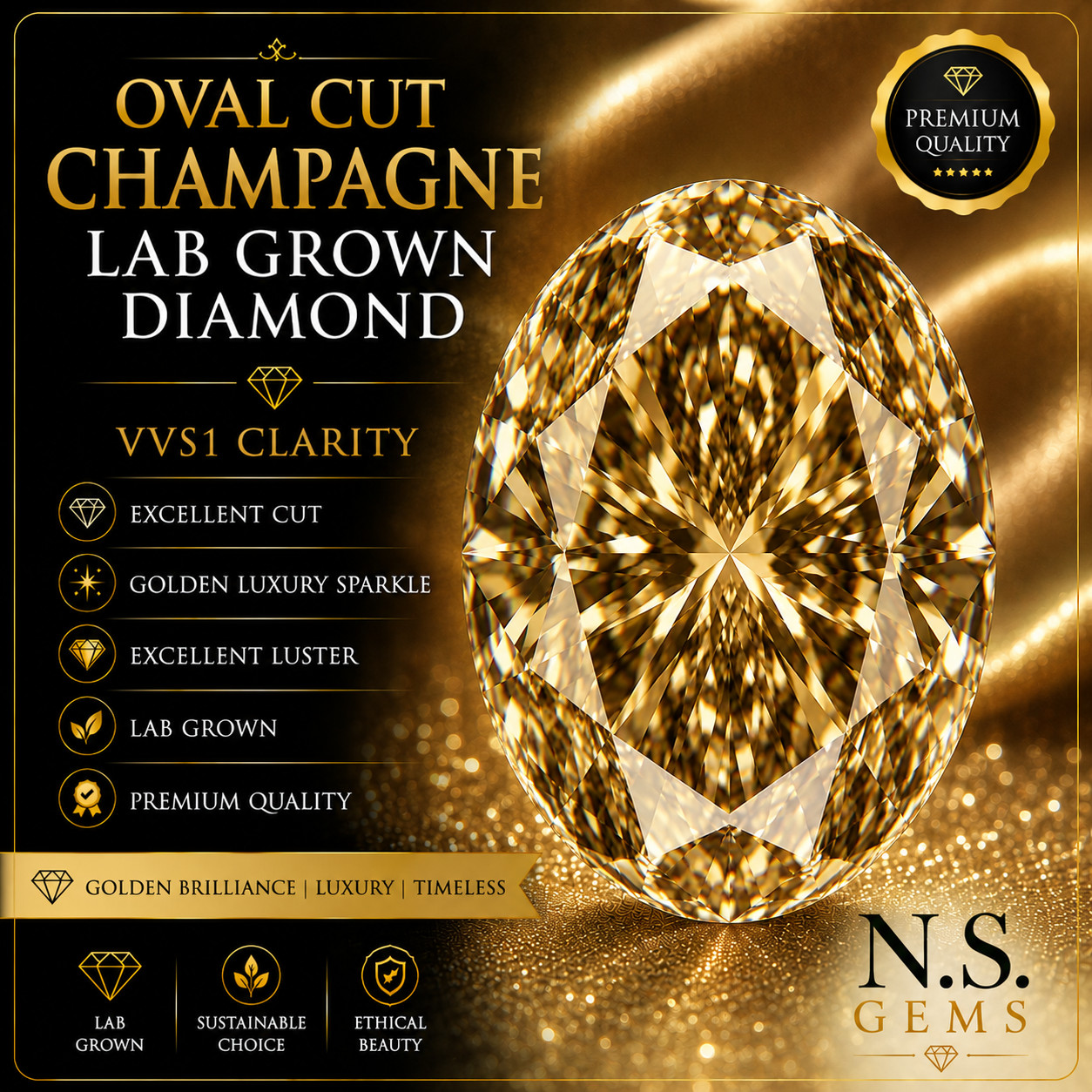 2 Ct Oval Cut Champagne Lab Grown Diamond VVS1 Loose Gemstone Golden Luxury.