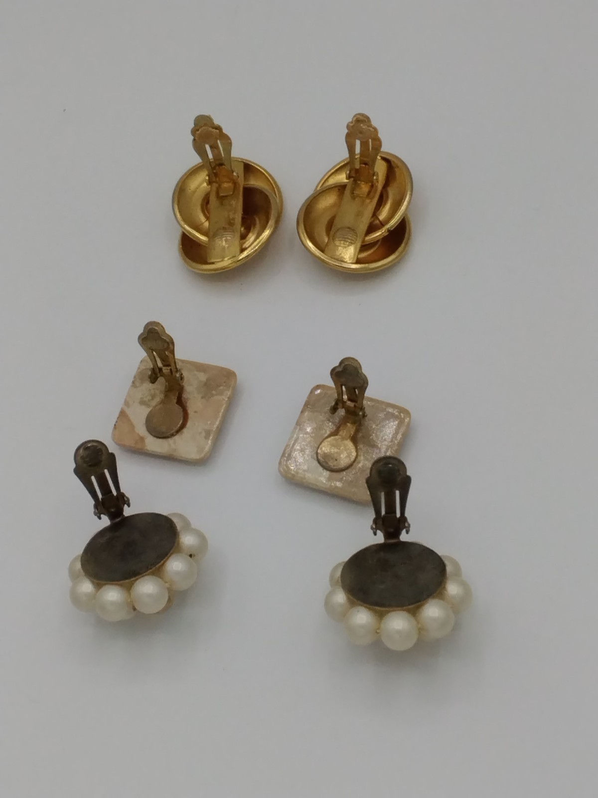 Vintage 1980s Clip On Earrings Lot 3 Pairs Faux Pearl Aurora Borealis Matte Gold