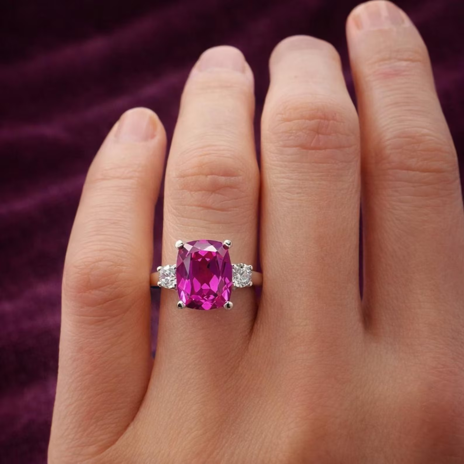 4.90 Ct Cushion Cut Pink Sapphire & Diamond Wedding Ring 14K White Gold Size 7