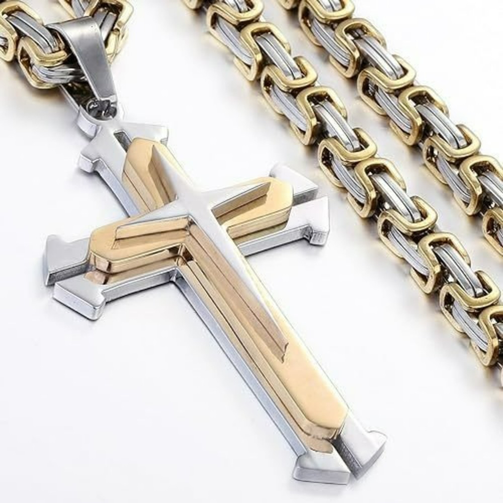 Men’s Heavy Solid Christian Cross Pendant Necklace Three Layer Stainless Steel