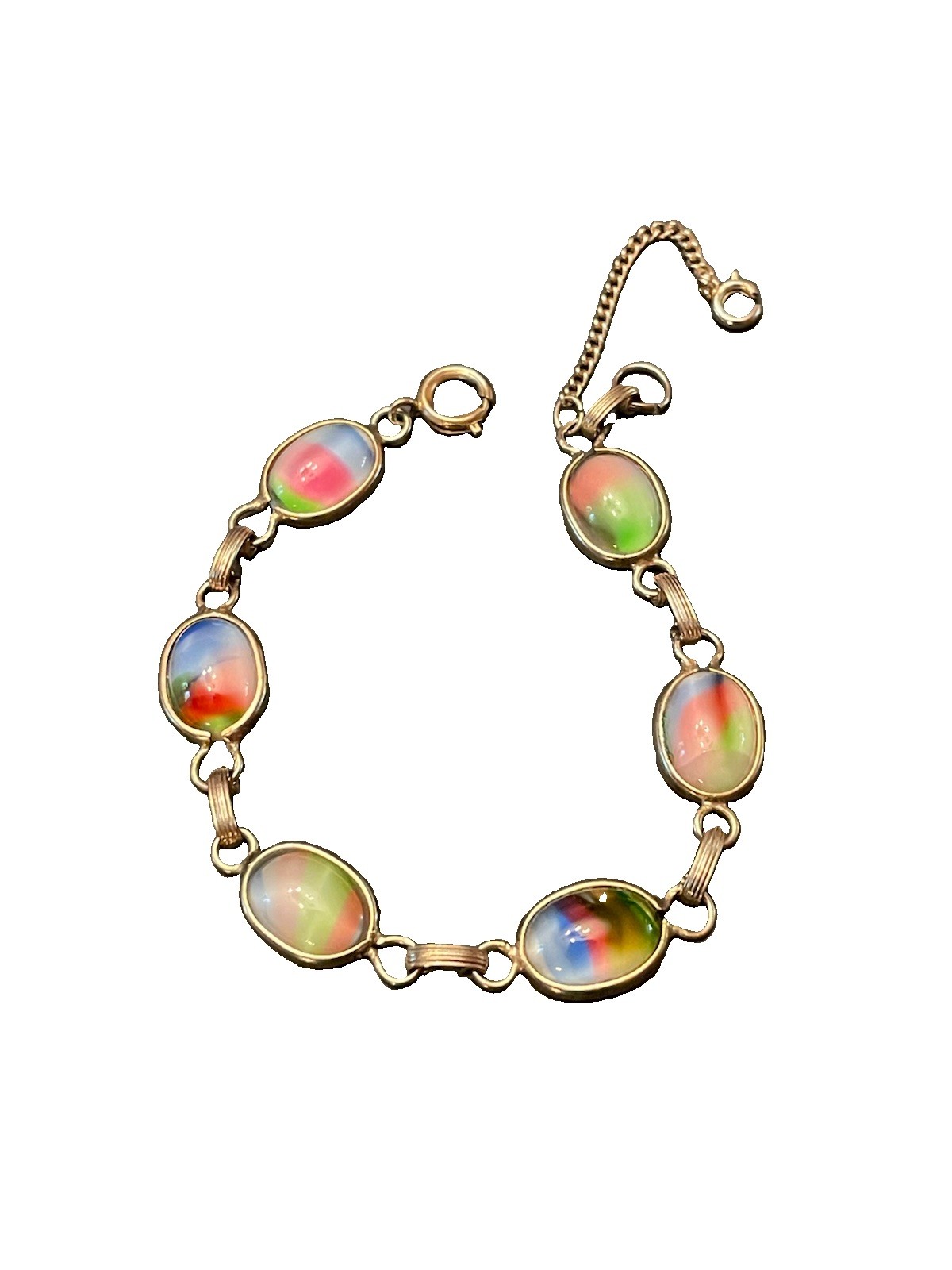Vintage Rainbow Cabochon 7.5” Link Bracelet Gold Tone Pastel Swirl Glass