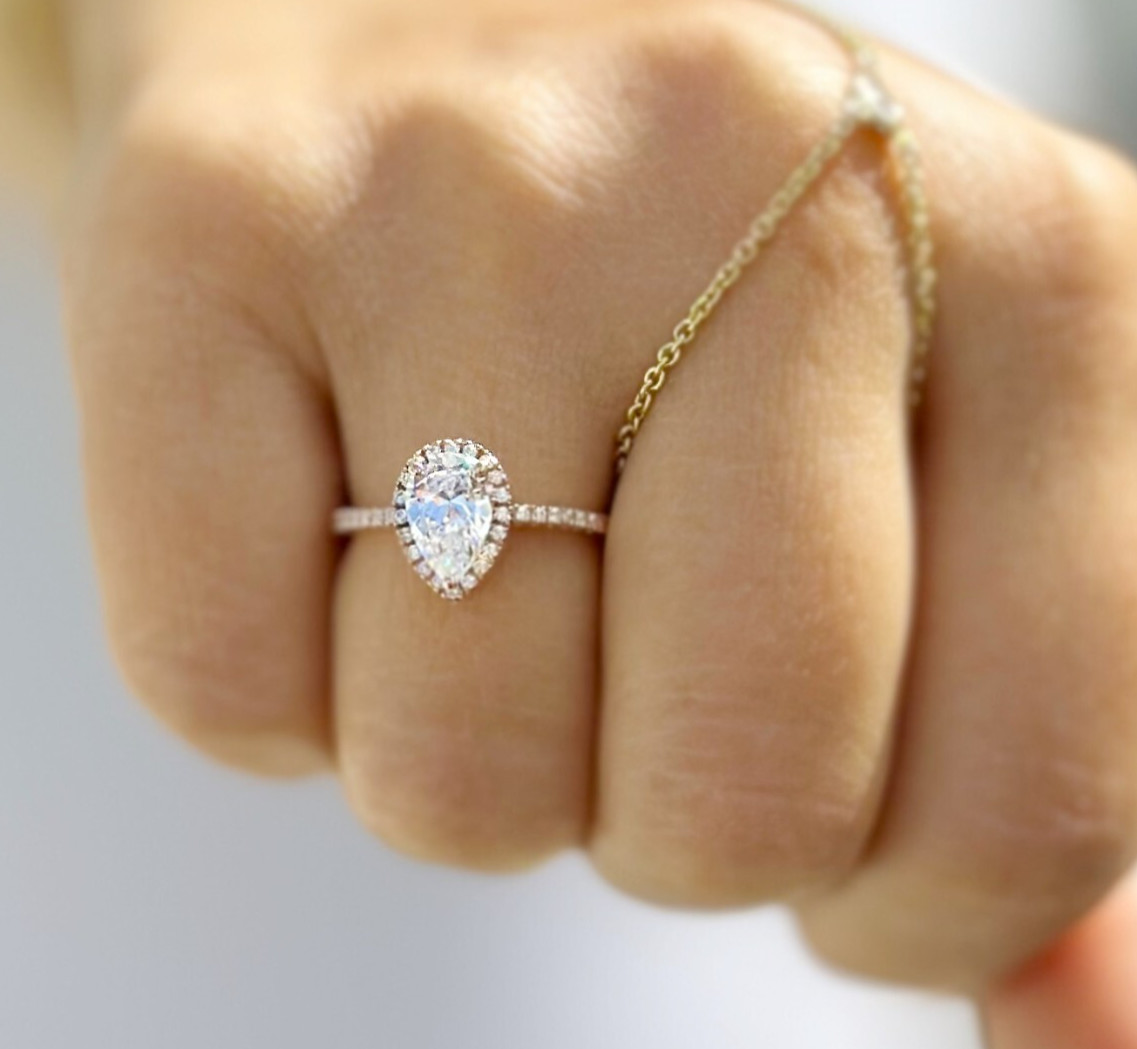 Pear Shape And Round Moissanite Engagement Ring Halo 14k Solid Rose Gold 1.70ctw