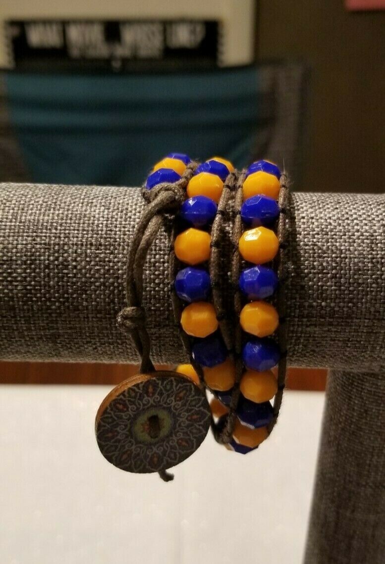 Blue/Orange Gator/Bronco/Auburn Themed Rondelle 3 Wrap Bracelet on Brown Leather
