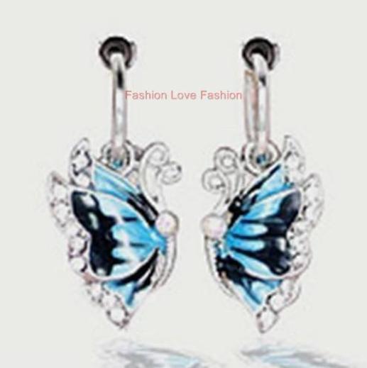 1 PAIR Spring Clip-On Silvertone Blue/White Butterfly Fashion Dangle Earrings