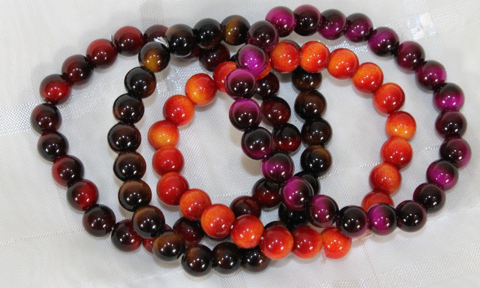 4 Tiger Eye Round Glass Beaded Stretch Bracelets Pink Orange Brown