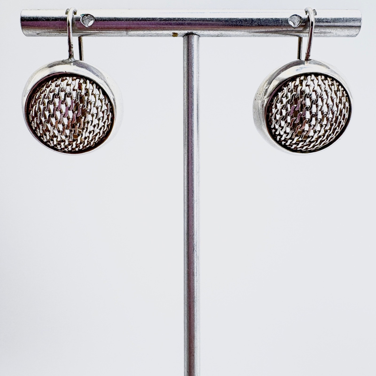 Mesh Design Circle Dangle Earrings A.S. Hallmark VTG Sterling Silver 925 1.2″ L