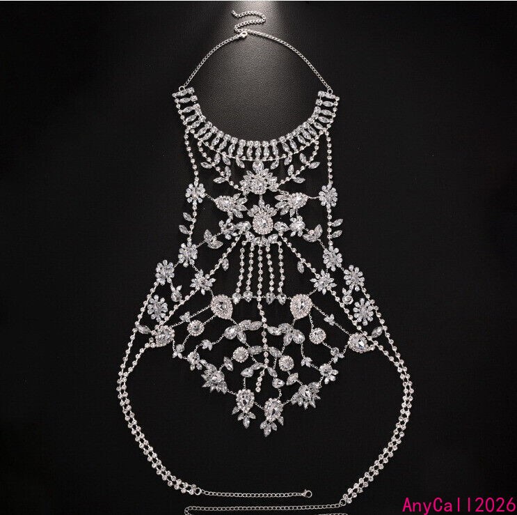Hot Women Chest Rhinestone Necklace Vest Floral Droplet Luxury Body Chain Party