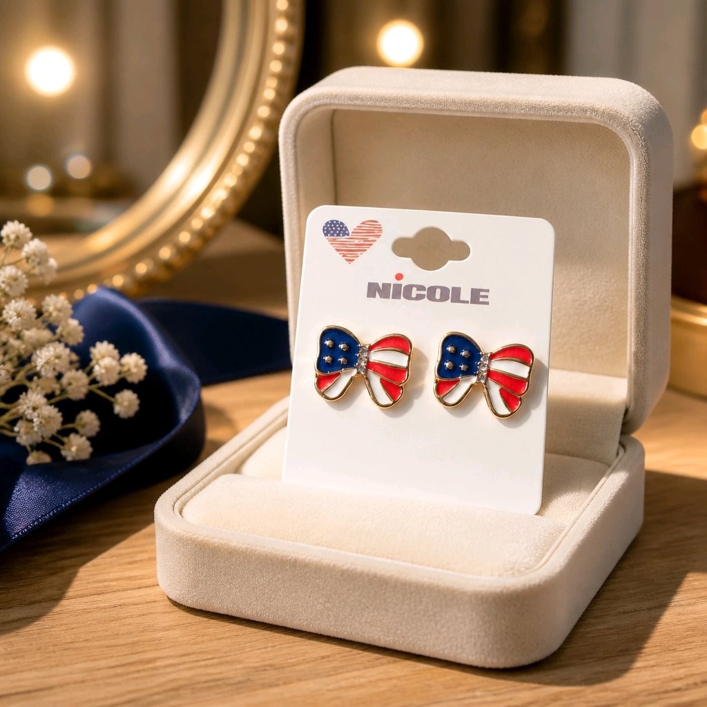 Patriotic American Flag Bow Stud Earrings 4th of July Memorial Day Red White Blu