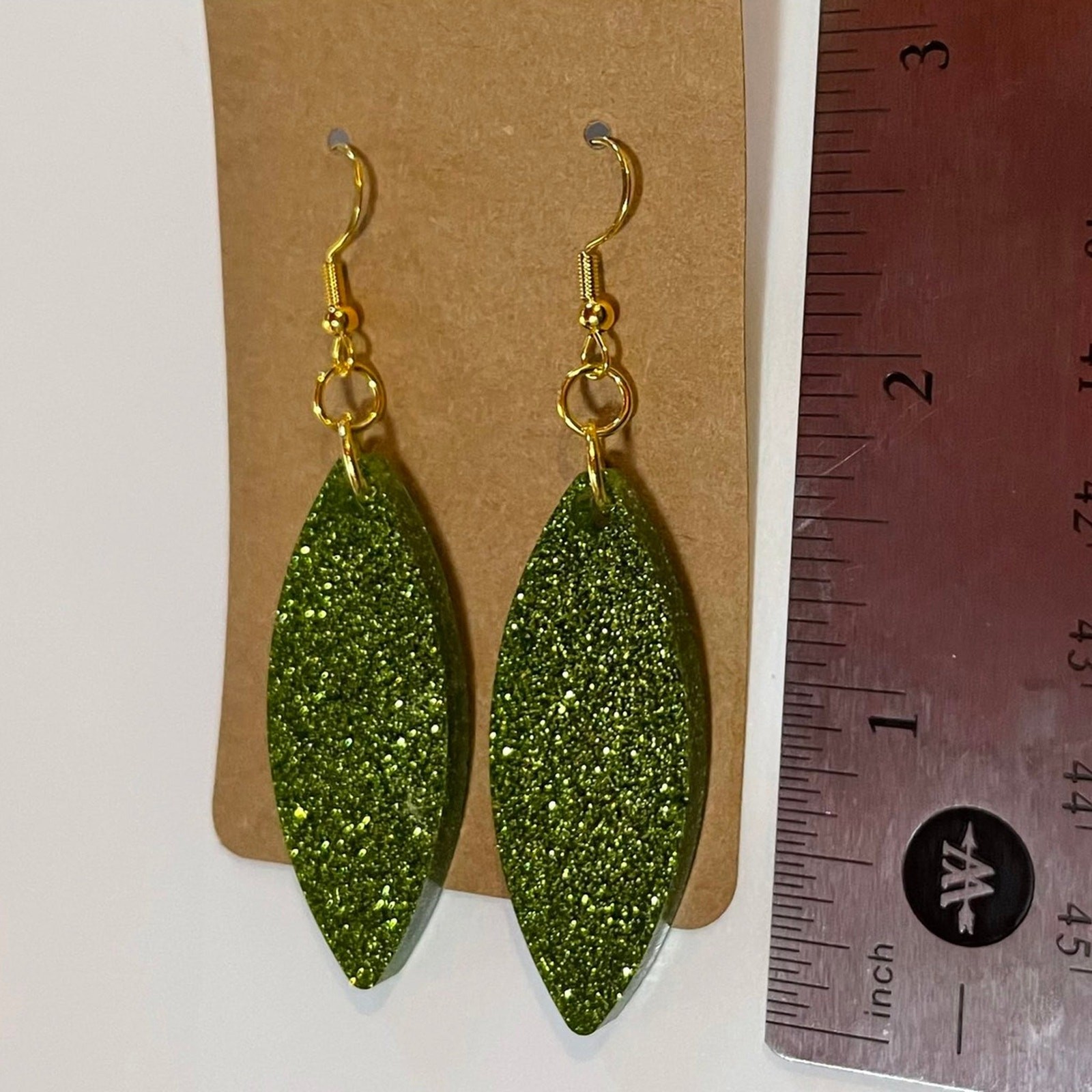 Handmade epoxy resin marquis pointed oval dangle earrings lime green glitter