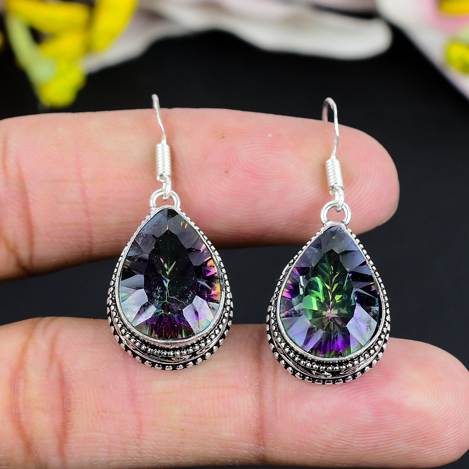 Natural Mystic Topaz Gemstone Earring Handmade 925 Sterling Silver Jewelry