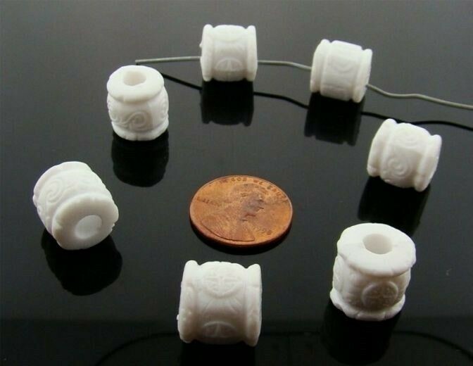 12 VINTAGE GERMAN WHITE, WAVES, STARS, WARRIOR 13mm BARREL LARGE HOLE BEADS V792
