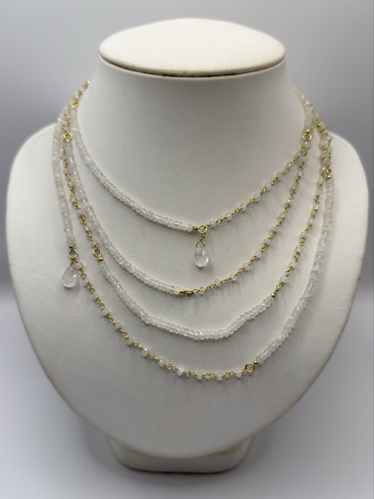 Sterling Silver 72” Hand Wire Wrapped Rainbow Moonstone Bead Necklace