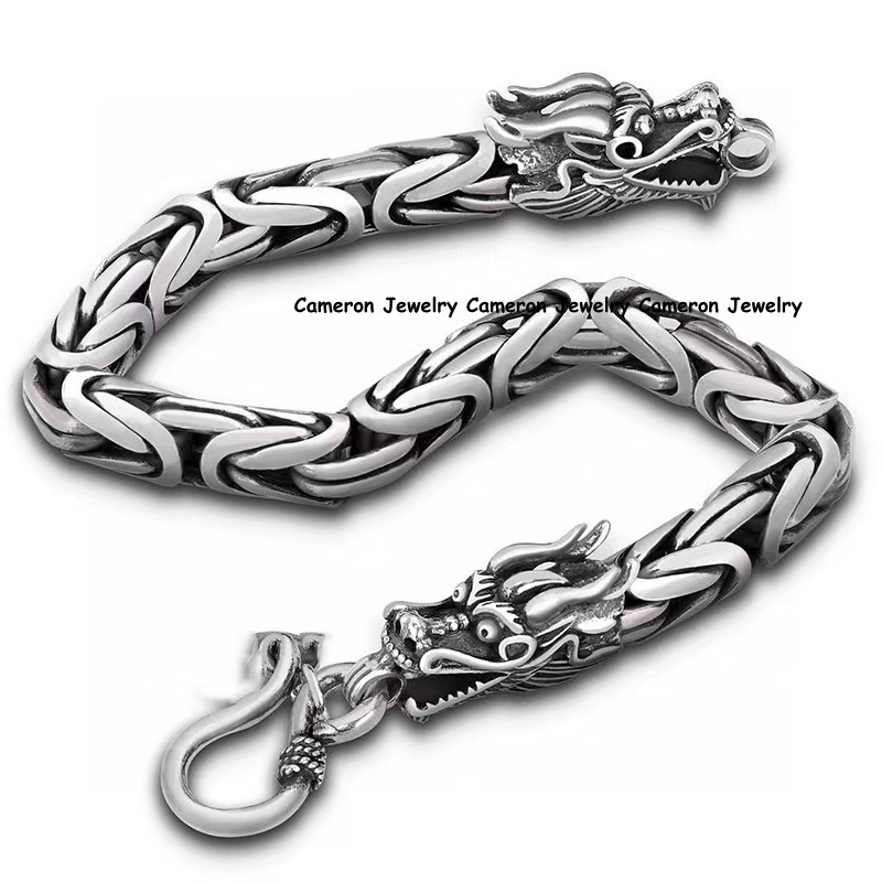 Pure S925 Sterling Silver Chain Dragon Head 5mm Byzantine Link Bracelet 7.1-9in