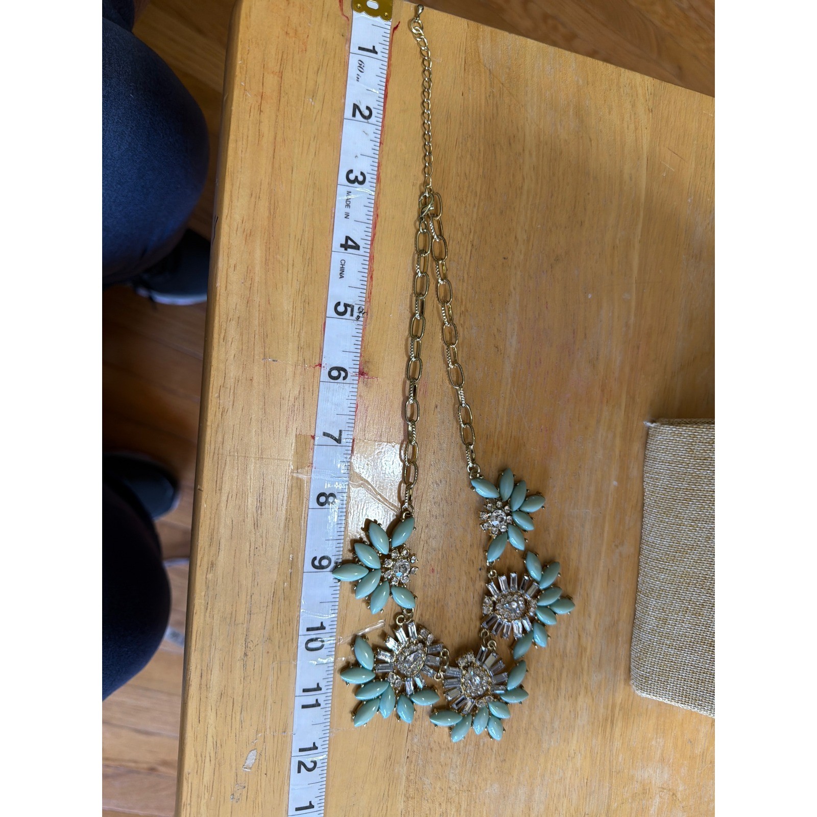 Light Blue Gold Tone Floral Bib Statement Necklace Rhinestone Crystal Sunburst