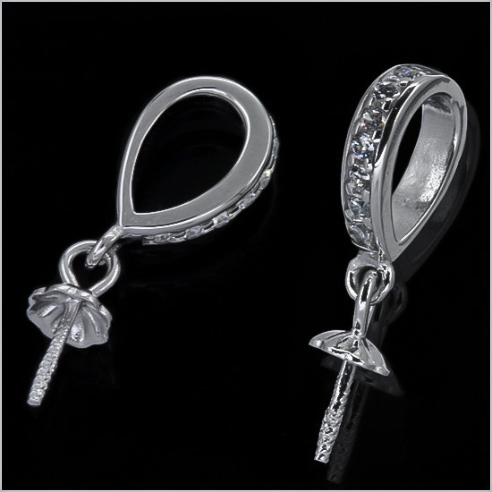 1PC Sterling Silver CZ Pendant Bail Charm Connector with Pearl Cup #97105-1