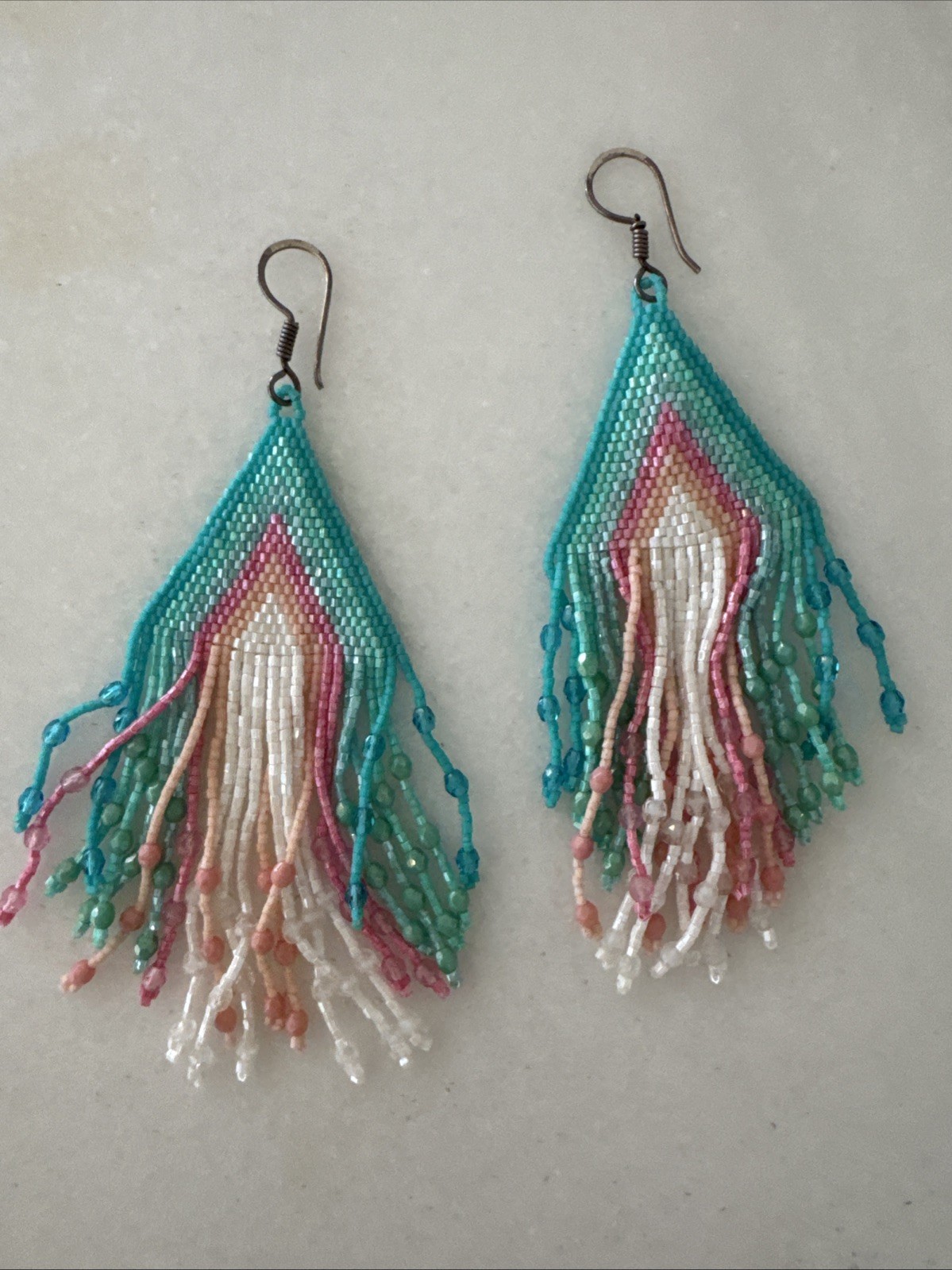 Beaded Calypso Drop Earrings. Aqua Blue, Pink, Peach And White