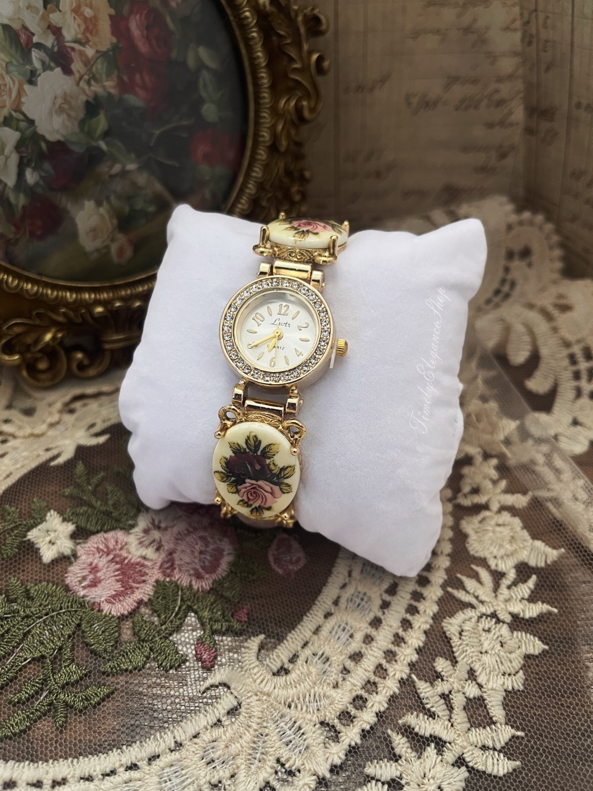 Vintage Rose Quartz Floral Bracelet Watch | Handmade Repurposed Gold Tone Unique