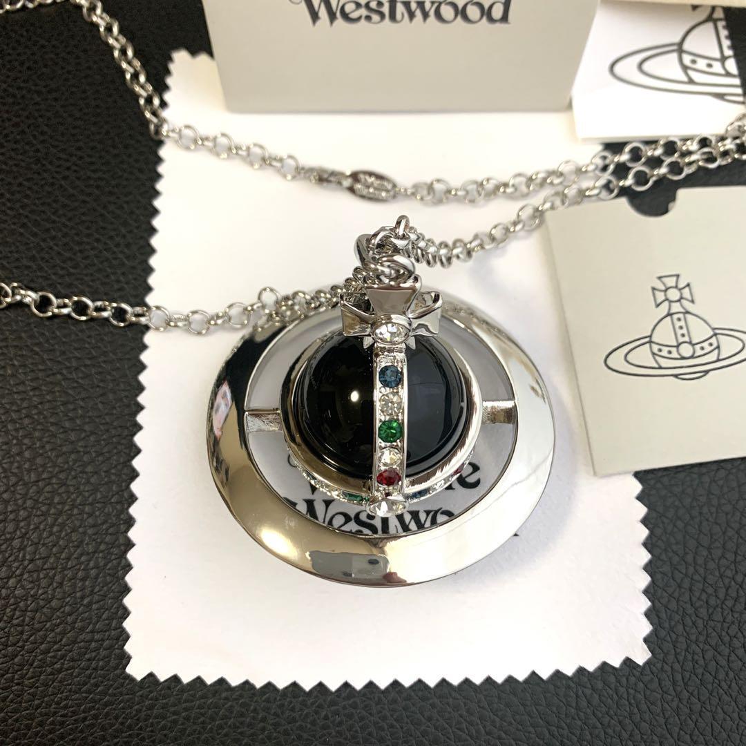 Vivienne Westwood Necklace Medium Orb Black Silver Top 6.5 x 6cm C:80cm IN BOX
