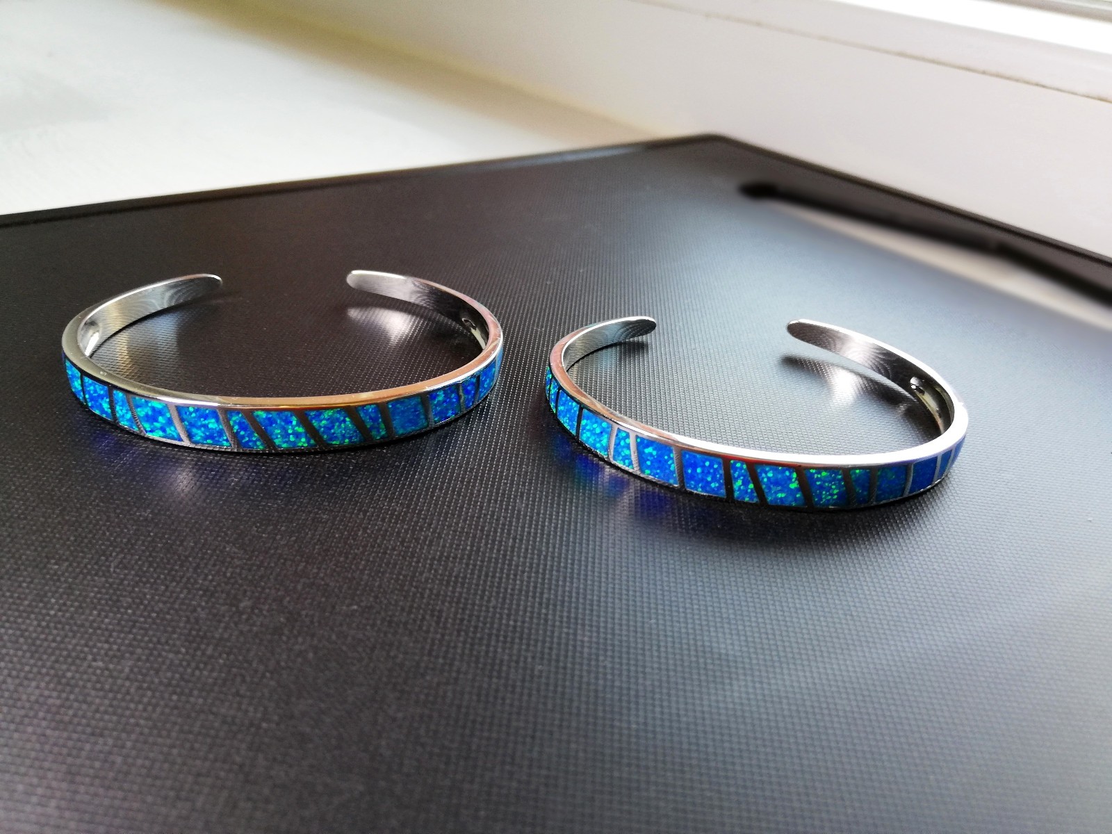 Blue Opal Bracelet Fire Opal Bangle Stainless Steel Silver Bigsam Opal Hoop