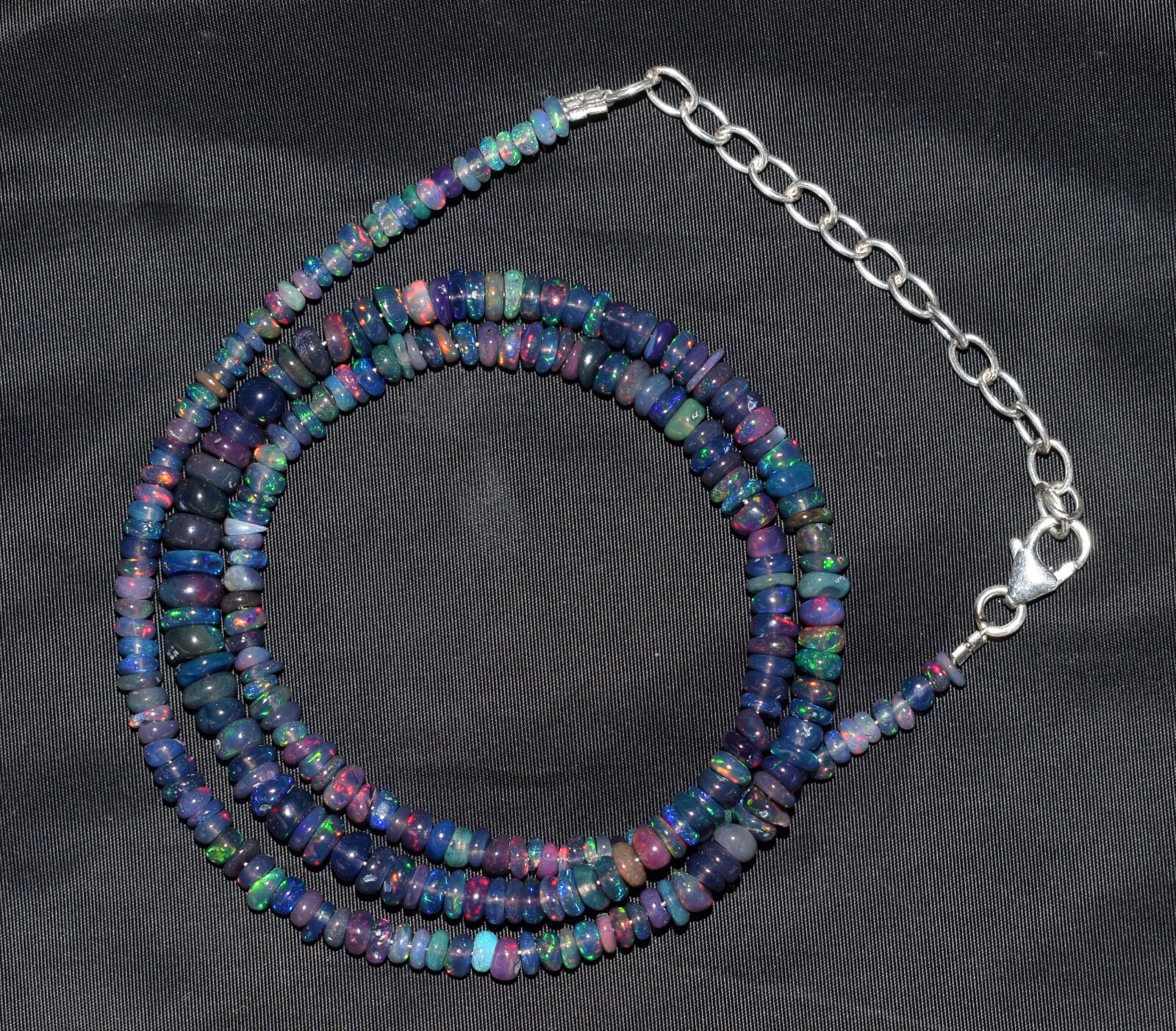 16”Natural Ethiopian Black Opal 925 Sterling Silver Roundel beaded Necklace