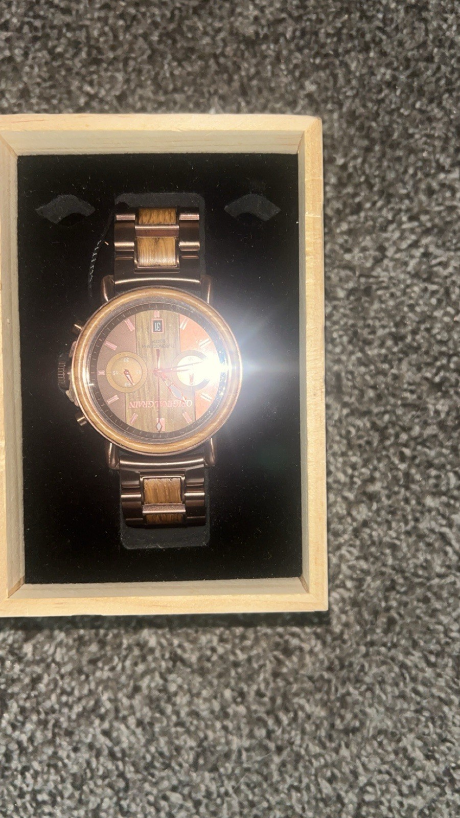 Original Grain Mens Chronograph Quartz Wood/Metal Brown Watch w/ Box & Papers