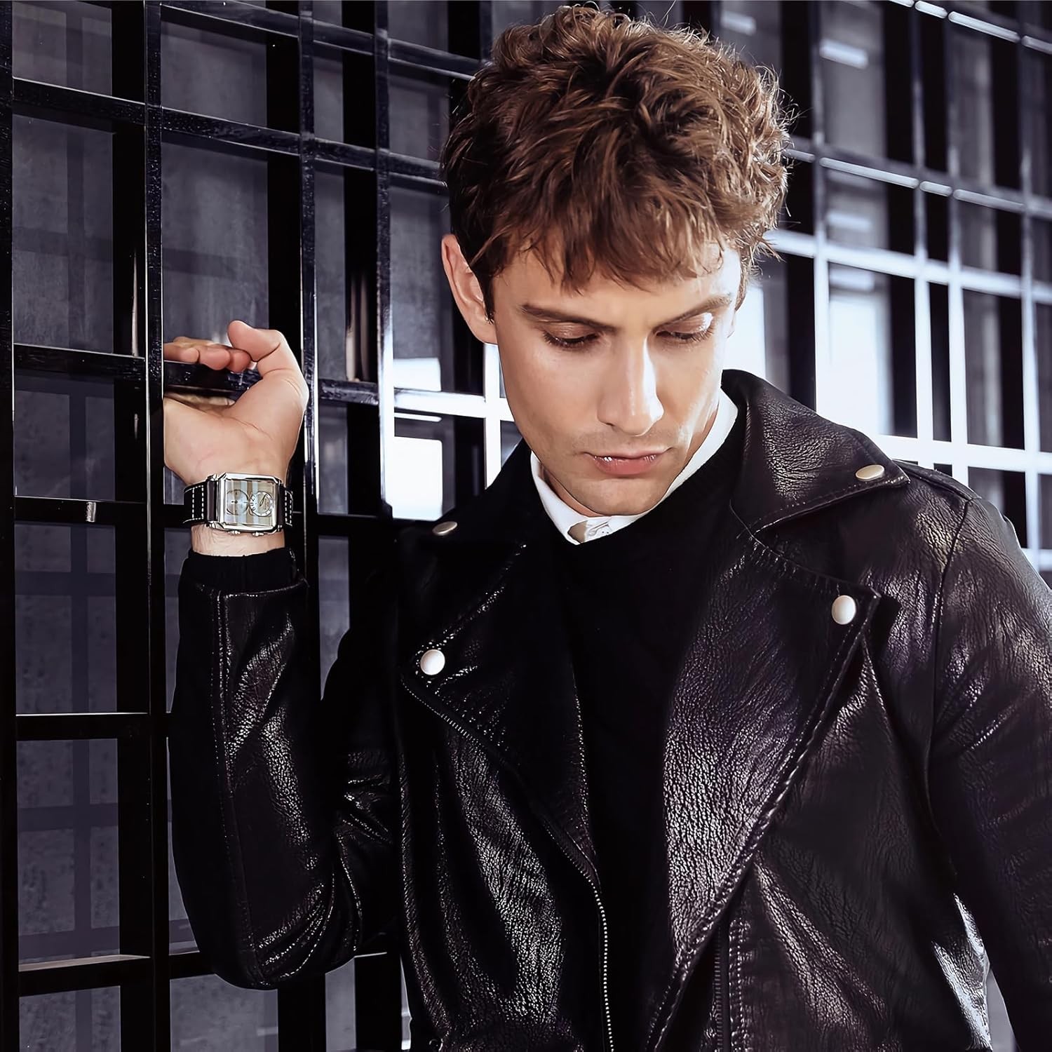Watches for Men Swiss Mens Watch in Stainless Steel with Leather Strap and Recta