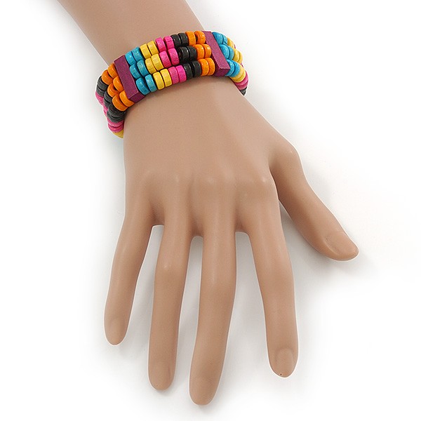 Multicoloured Wood Bead & Bar Flex Bracelet – 18cm Length