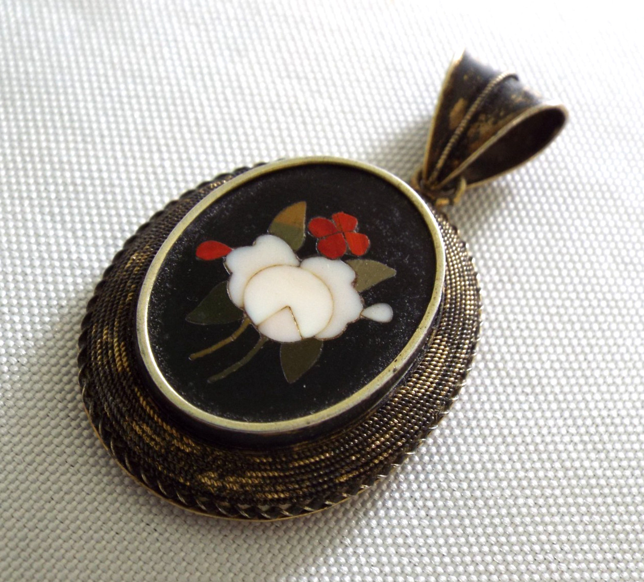 Antique Italian Pietra Dura Inlaid Mosaic 2 Sided Pendant Sterling Silver 12.1g